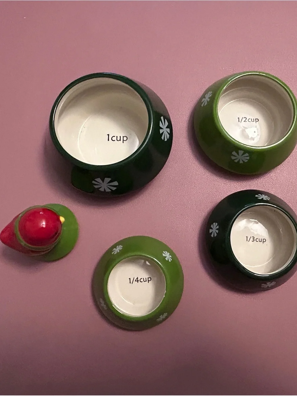 Christmas Tree Measurement Cup Set Pier 1 in Box Green Red Bird Unused